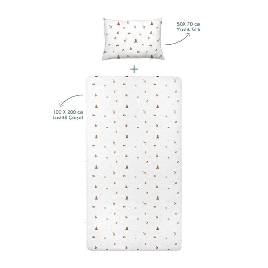 Forest Amigos 100% Cotton Combed Baby Fitted Sheet Set - 100x200 cm + 50x70 cm