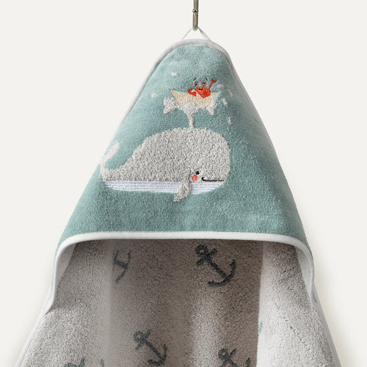 Whale Pattern Embroidered 100% Organic Cotton Velour Towel Swaddle - 80x80cm
