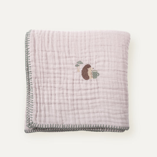 Kirpi %100 Organik Pamuk Nakışlı Çoban Dikişli Müslin Battaniye