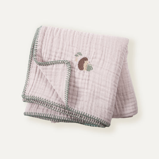 Kirpi %100 Organik Pamuk Nakışlı Çoban Dikişli Müslin Battaniye
