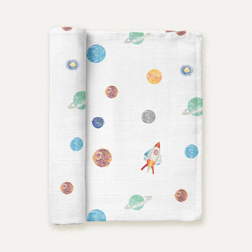 Space Planet 100% Organic Cotton Washed Muslin Blanket - 115x115 cm