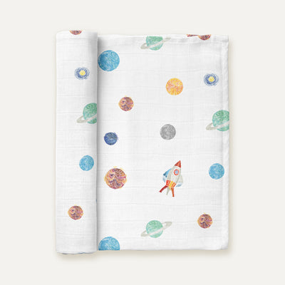 Space Planet 100% Organic Cotton Washed Muslin Blanket - 115x115 cm