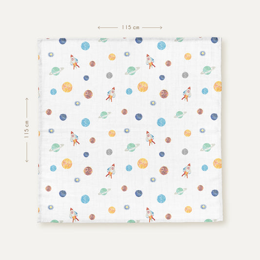 Space Planet 100% Organic Cotton Washed Muslin Blanket - 115x115 cm