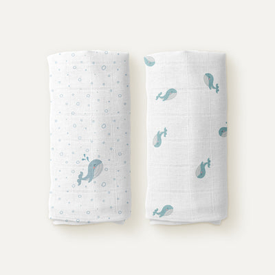 Aqua 100% Organic Cotton Embroidered Muslin Set of 2, 90 x 90 cm