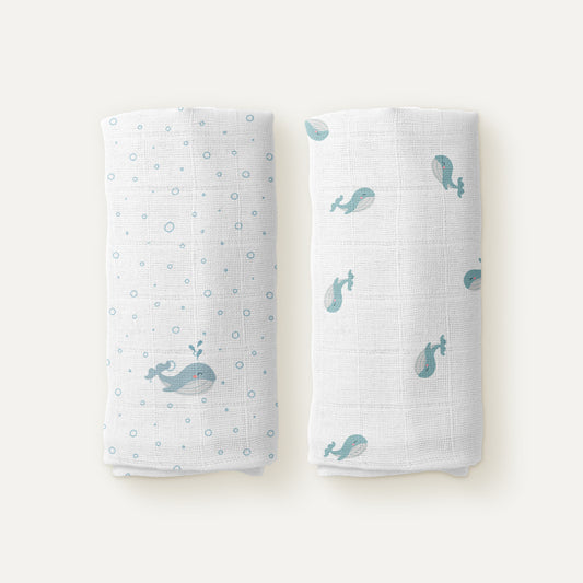Aqua Embroidered 100% Organic Cotton Muslin Blanket Set (90x90 cm, 2-Piece)