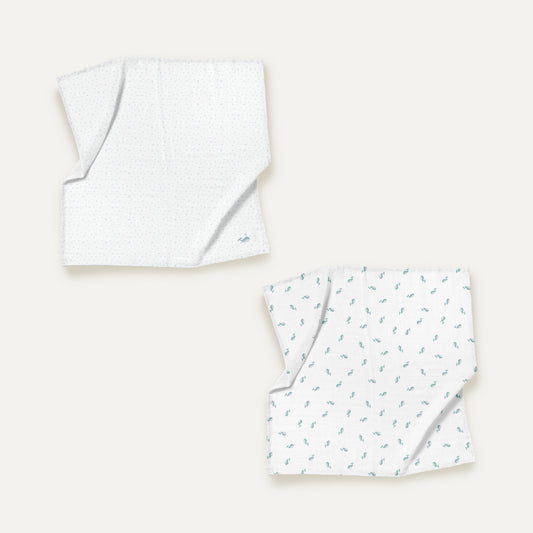 Aqua Embroidered 100% Organic Cotton Muslin Blanket Set (90x90 cm, 2-Piece)