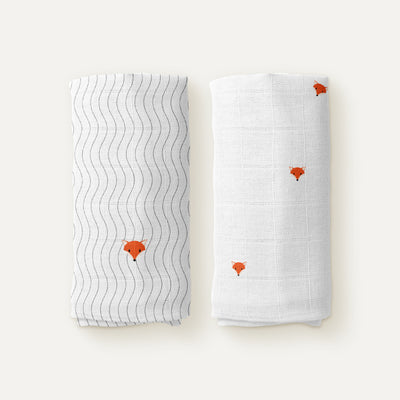 Cool Fox Embroidered 100% Organic Cotton Muslin Blanket Set (90x90 cm, 2-piece)