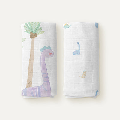 Dino 100% Organic Cotton Muslin Blanket Set (90x90cm 2-piece)