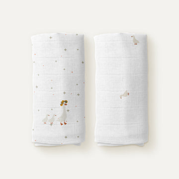 Feather Embroidered 100% Organic Cotton Muslin Blanket Set (90x90 cm, 2-Piece)