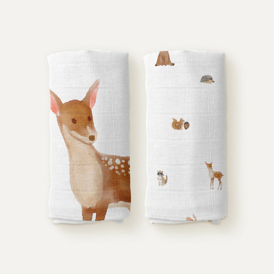 Forest Amigos 100% Organic Cotton Muslin Blanket Set (90x90 cm, 2-piece)