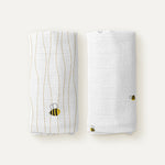 Happy Bee Embroidered 100% Organic Cotton Muslin Blanket Set (90x90 cm, 2-piece)