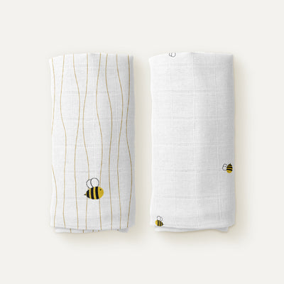 Happy Bee Embroidered 100% Organic Cotton Muslin Blanket Set (90x90 cm, 2-piece)