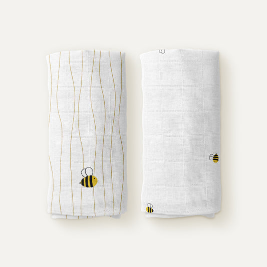 Happy Bee Embroidered 100% Organic Cotton Muslin Blanket Set (90x90 cm, 2-piece)
