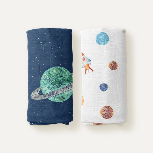 Space Planet %100 Organik Pamuk Müslin 2'li Örtü Seti