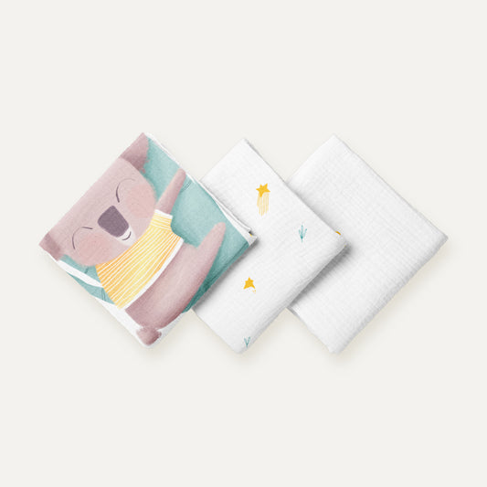 Koko 100% Organic Cotton, Washed Muslin Blanket Set (55x55 cm, 3-Piece)