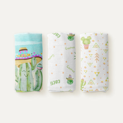 Cactus 100% Organic Cotton Muslin Blanket Set (70x70 cm, 3-Piece)