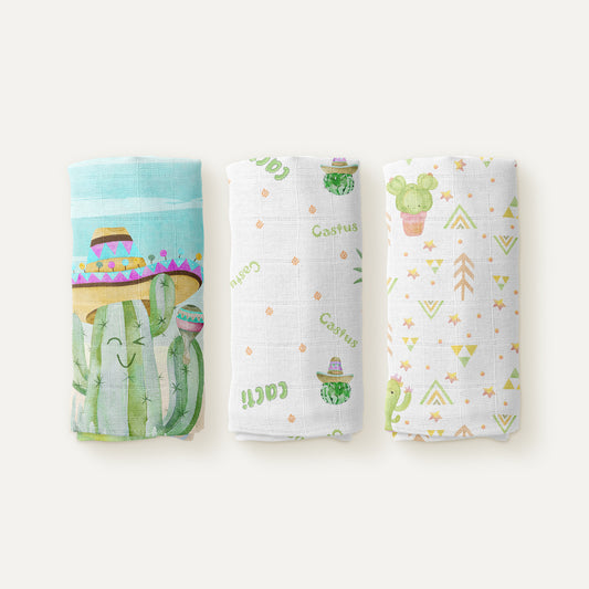 Cactus 100% Organic Cotton Muslin Blanket Set (70x70 cm, 3-Piece)