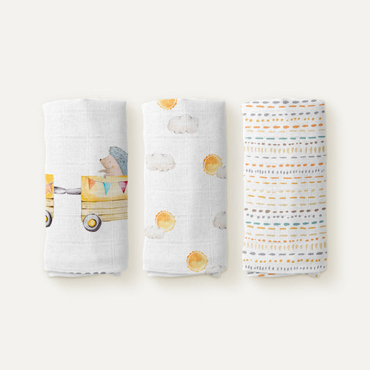 Loco Voyage 100% Organic Cotton Muslin Blanket Set (70x70 cm, 3-Piece)