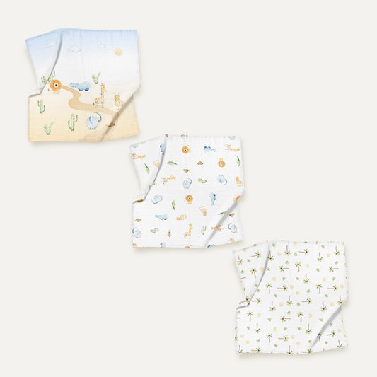 Safari 100% Organic Cotton Muslin Blanket Set (70x70 cm, 3-Piece)