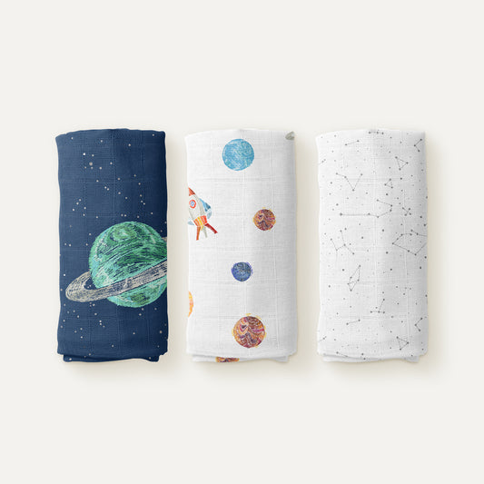 Space Planet 100% Cotton Organic Muslin Blanket Set (70x70 cm, 3-Piece)