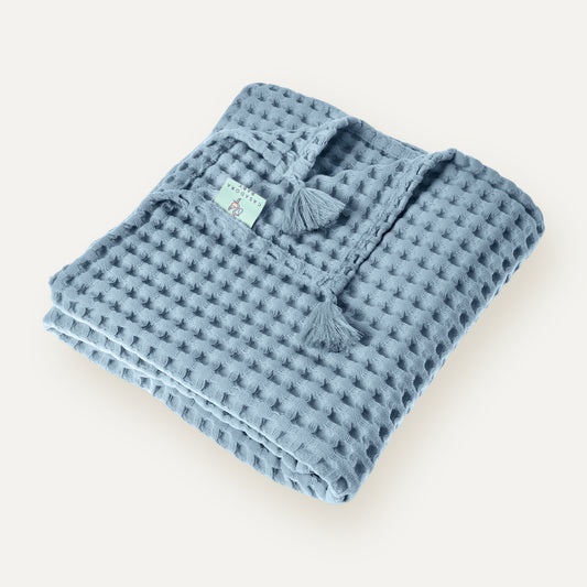 %100 Organik Pamuk Waffle Bebek Pike Örtü Mavi