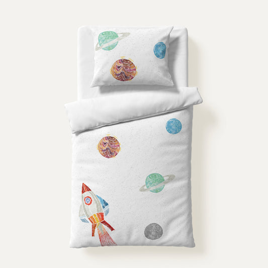 Space Planet White 100% Organic Cotton Single Child Duvet Cover Set