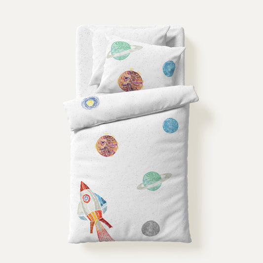 Space Planet White 100% Organic Cotton Satin Baby Bedding Set